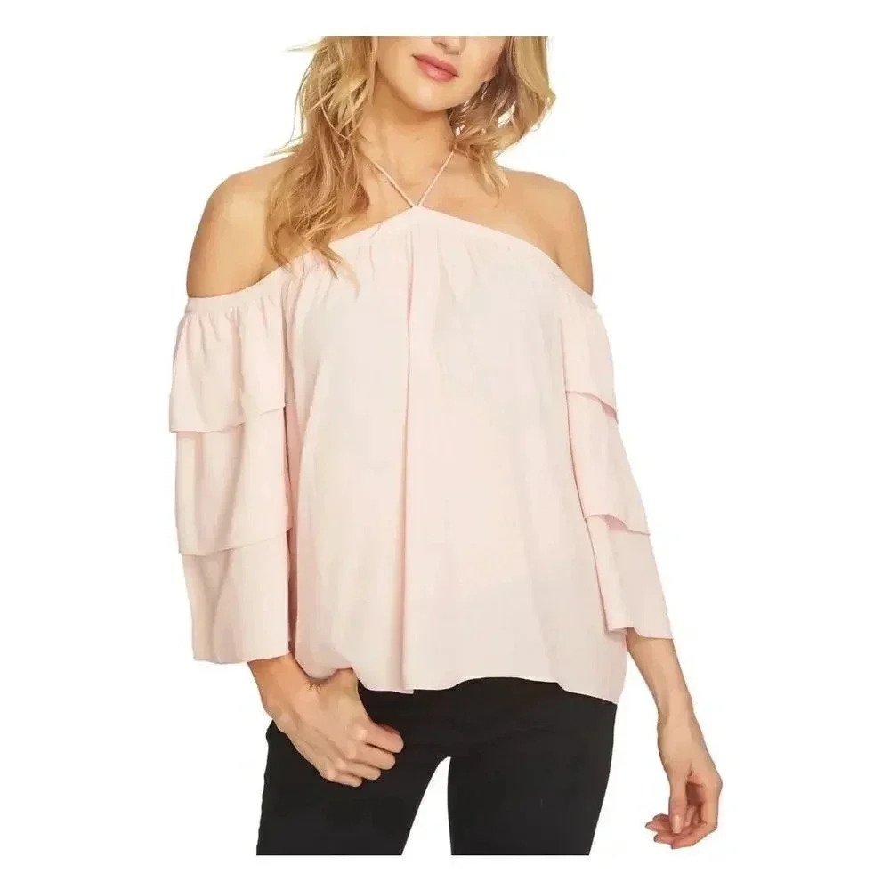 1. STATE | Womens Cold Shoulder Halter Blouse Top Peach Blush‎ Pink | Large